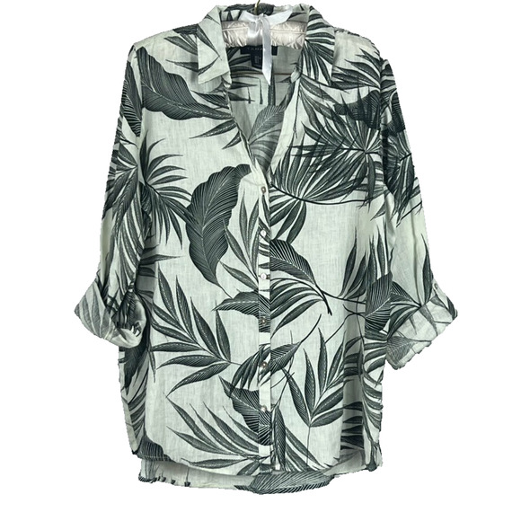 Tahari Tunic Shirt Dress Women’s Size Medium Tan Black Botanical Leaf 100% Linen - Picture 3 of 8